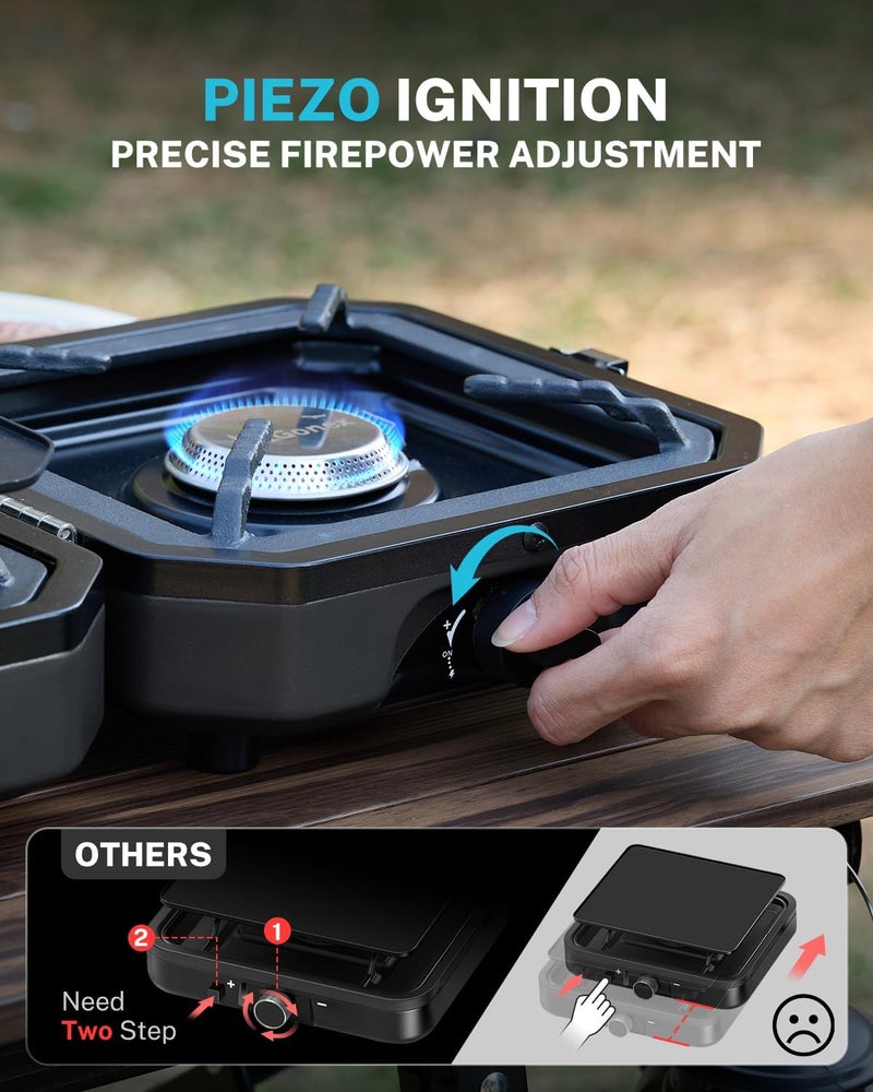 Gonex 2 Burner Propane Camping Stove with Griddle & Grates, Portable Foldable Cooking Stove with Total 16,000 BTU, Two Piezo Ignition Adjustable Burners for Camping, Patio, Emergency, Hiking (Black) - Image 5